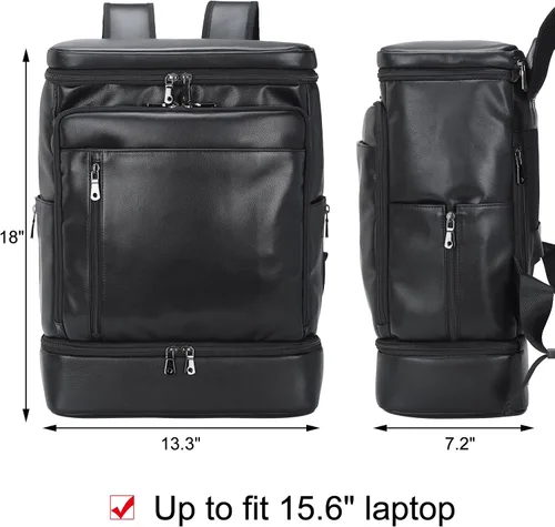 Miniatura 6 de TIDING Mochila de cuero genuino para hombre, bolsa de laptop de 15.6 pulgadas, mochila casual de viaje con compartimento para zapatos, Negro
