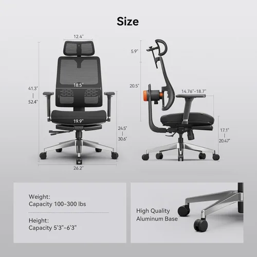Miniatura 7 de Newtral Silla de oficina ergonómica, silla de escritorio de oficina en casa con reposapiés, respaldo y reposacabezas de seguimiento automático, Negro