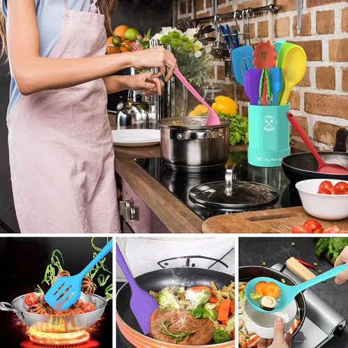 Miniatura 4 de Deedro - Juego de utensilios de cocina de silicona, 16 piezas de utensilios de cocina de silicona, resistentes al calor, con soporte, espátula