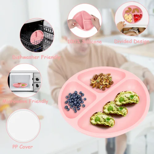 Miniatura 4 de Vicloon Plato de vajilla para niños pequeños, 2 piezas de placa de silicona con compartimentos divididos, placas de succión para bebés y niños Rosa