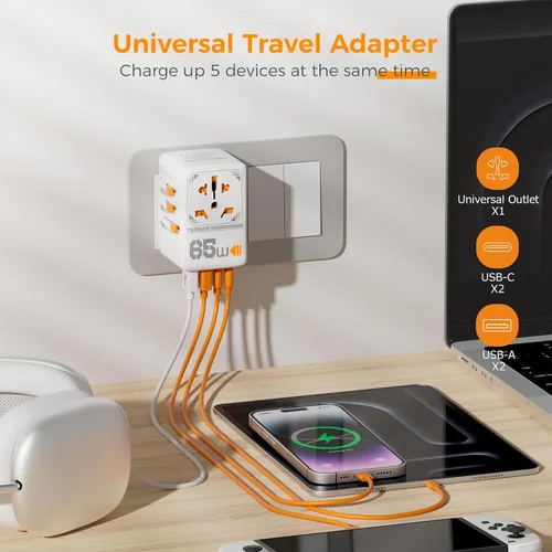 Miniatura 4 de TESSAN Adaptador de viaje universal, adaptador de enchufe internacional GaN de 65 W con 4 puertos de carga USB (2 USB C), toma de corriente mundial