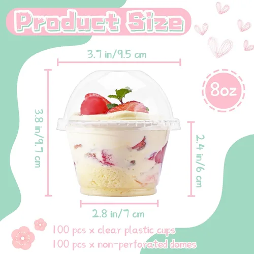 Miniatura 2 de Panxxsen 100 vasos de plástico transparente de 8 onzas con tapas de cúpula sin agujero, tazas de parfait desechables con tapas de cúpula, taza