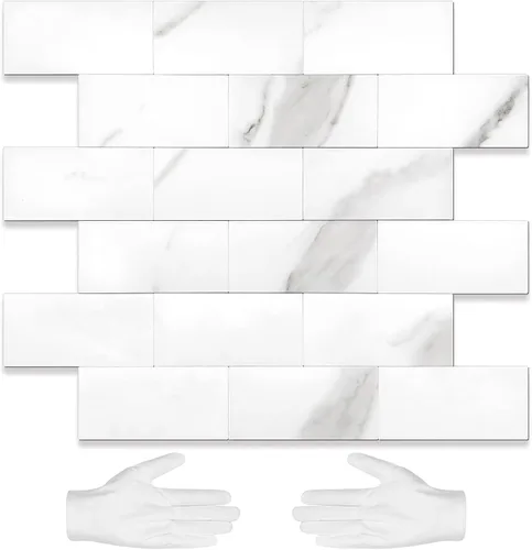 STICKGOO azulejo de metro de 10 hojas para despegar y pegar, azulejo de pared autoadhesivo de PVC, salpicadero adhesivo de Calacatta para cocina y
