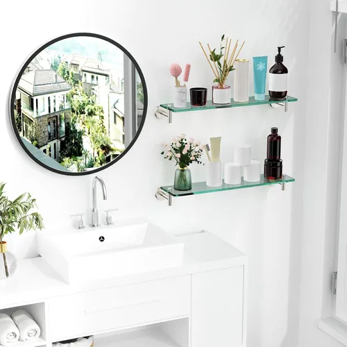 Miniatura 2 de Estantes de vidrio para baño, estante flotante de 20 pulgadas de níquel cepillado, estante de vidrio templado de acero inoxidable, estantes modernos