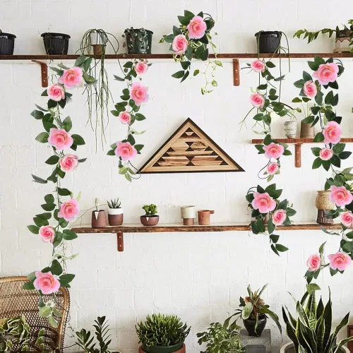 Miniatura 5 de Guirnalda de vid de rosas falsas de 16 pies, plantas artificiales para colgar, hiedra rosa, hogar, hotel, oficina, boda, fiesta, decoración