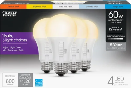 Miniatura 15 de Bombilla LED A19 de Feit Electric, equivalente a 100 W, no regulable, 5CCT, base media E26, CRI 90, 1500 lúmenes, blanco ajustable, vida útil