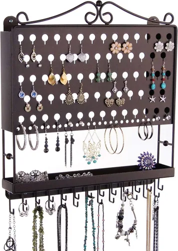 Angelynn's Soporte para aretes de pared, organizador de collar para aretes pequeños y medianos, estante de almacenamiento de joyas con bandeja,