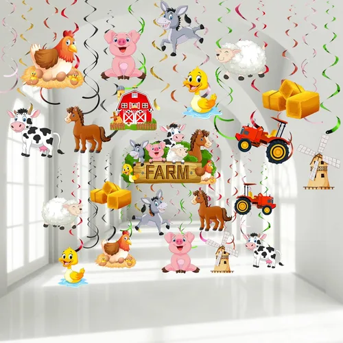 30 piezas de decoración colgante de animales de granja, suministros de fiesta temática de granjero, remolinos colgantes de serpentinas, decoración