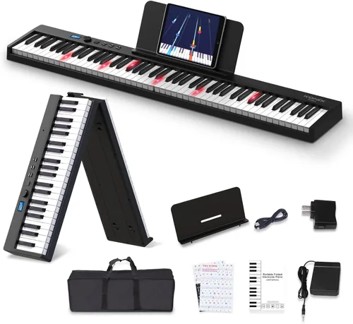 KONIX Teclado de piano plegable, 88 teclas, teclado plegable semipesado, piano eléctrico portátil con llave de luz, pedal de sostenimiento, Negro
