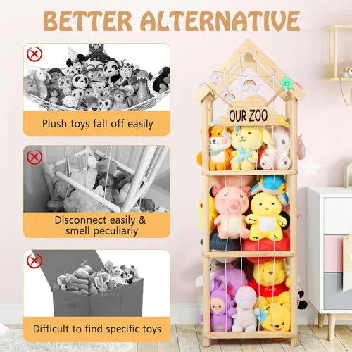 Miniatura 4 de Organizador de juguetes de peluche de madera de zoológico de 53 pulgadas, organizador de juguetes de peluche con anclajes antipunta, organizador