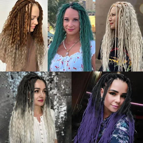 Miniatura 6 de Extensiones de rastas trenzadas bohemias de 24 pulgadas, 10 hebras de rastas sintéticas rizadas color marrón degradado con trenza de caja, rastas