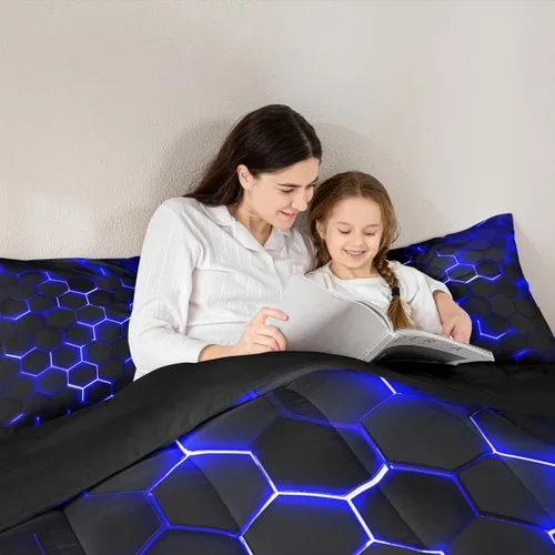 Miniatura 4 de Erosebridal Juego de Edredón de Panal, Juego de Ropa de Cama Geométrica de Luz Neón Queen para Niños Varones y Adolescentes, Juegos de Edredón