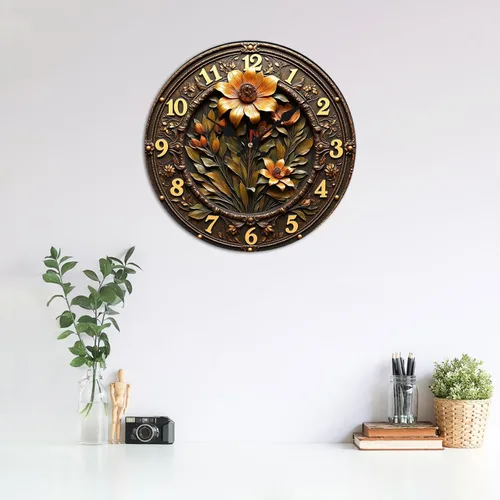 Miniatura 3 de Reloj de pared de madera de flor ornamentada de bronce con detalle grabado en relieve 9.8x9.8 in
