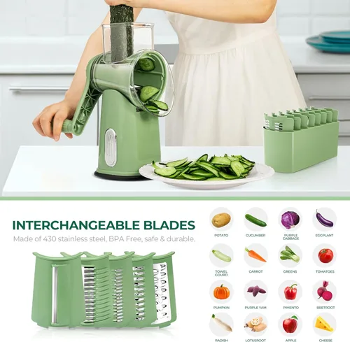 Miniatura 8 de SUSTEAS Rallador rotativo de queso con asa, triturador de verduras con 5 cuchillas bien diseñadas y base de succión fuerte, cortador redondo de Verde