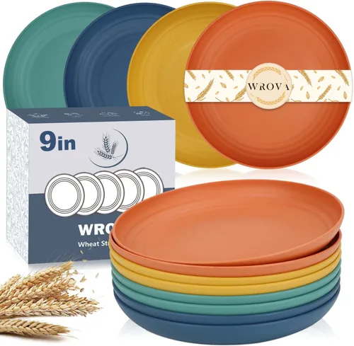 Miniatura 34 de Wrova Platos de paja de trigo – Juego de 8 platos llanos irrompibles de 8 pulgadas – Platos de plástico aptos para lavavajillas y microondas