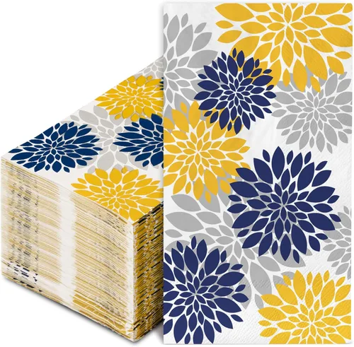 80 servilletas de papel de Dalia para invitados, azul marino, amarillo, plateado, flores, servilletas de baño, modernas y elegantes, desechables,