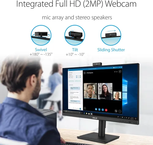 Miniatura 3 de ASUS Monitor de videoconferencia 1080P de 24" (BE249QFK) - IPS, 100Hz, sin marco, cámara web Full HD, matriz de micrófono, altavoces, altura