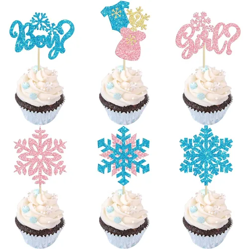 Miniatura 21 de Gyufise Paquete de 24 adornos de copos de nieve Oh Baby para cupcakes con purpurina azul Frozen Oh Baby Pick Decoraciones para baby shower
