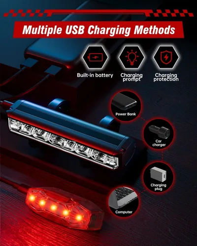 Miniatura 7 de Luces de bicicleta para montar de noche, luz trasera delantera recargable por USB, juego de faros de bicicleta, luz de aluminio, IPX5 impermeable