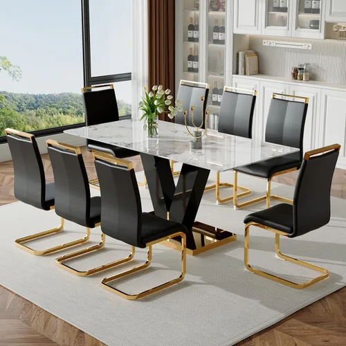 Miniatura 10 de Juego de mesa de comedor para mesa de comedor de mármol de 6,71 pulgadas, mesa de cocina moderna con 6 sillas de piel sintética, juego de mesa