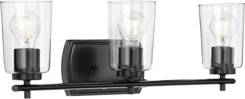 Progress Lighting Adley Collection - Lámpara de tocador de baño tradicional con 3 luces, de cristal transparente, color negro mate, 7-5/8 x 23 Mate