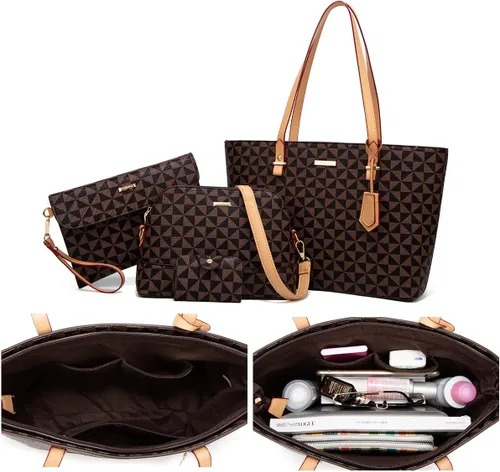 Miniatura 33 de Juego de 4 bolsas modernos para mujer de cuero sintético: bolso tote, bolso de hombro, bolso de mano y cartera.