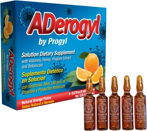 Aderogyl - Líquido Oral de Vitaminas con A, C, D, E, Zinc, Miel de Abeja, Própolis y Extractos Botánicos - Sabor Natural a Naranja - 5 Ampolletas de