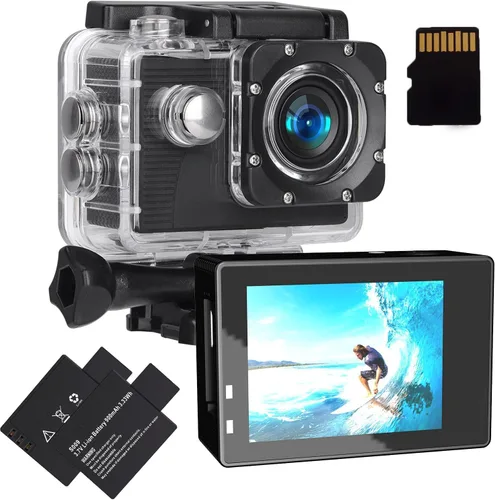 Cámara de Acción 1080P Cámara Deportiva Tarjeta de Memoria de 32GB Cámara de Acción 4xZoom 131ft Impermeable Bajo el Agua con 2 X Baterías y