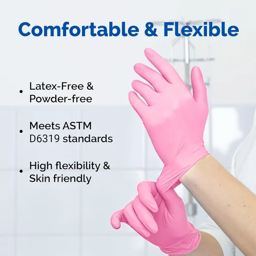 Miniatura 3 de JMU Guantes de Nitrilo Rosa, No Estériles, Guantes de Examen Desechables Sin Látex para Médico Esteticista, XS/S/M/L/XL, 200-4000