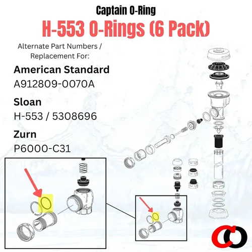 Miniatura 2 de Captain O-Ring Repuesto H-553/5308696 / P6000-C31 / A912809-0070A Anillos tóricos para Zurn, Sloan, Royal/Regal, American Standard Válvula