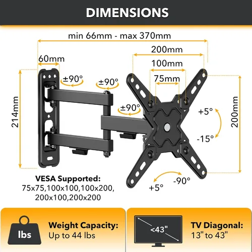 Miniatura 7 de CondoMounts TVA8022 Soporte de pared para TV de movimiento completo para televisores de 12 a 40 pulgadas de hasta 44 libras, VESA 200 x 200, montaje
