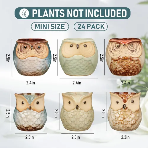 Miniatura 2 de Nitial - Juego de 24 macetas de cerámico para suculentas con forma de búho, mini macetas pequeñas con agujeros de drenaje, lindas macetas