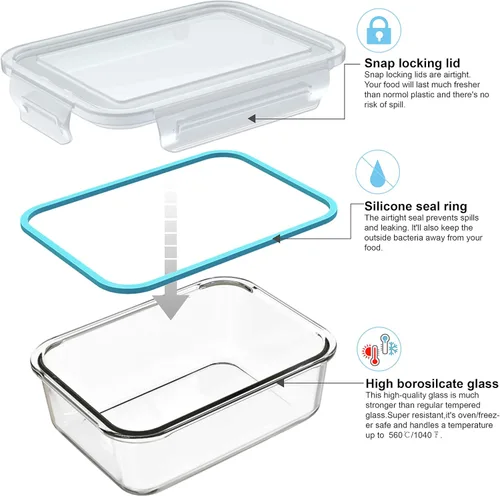Miniatura 4 de AILTEC Contenedores de vidrio para almacenamiento de alimentos con tapas, juego de recipientes de vidrio para preparación de comidas, herméticos a