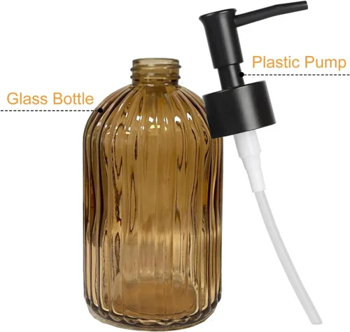 Miniatura 2 de 14Oz Black Pump Glass Soap Dispenser, Brown Stripe Countertop Refillable Liquid Bottle Hand Dish Lotion Dispenser with Plastic Pump, for Kitchen