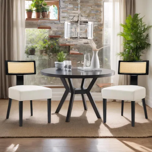 Miniatura 21 de Juego de 4 sillas de comedor, sillas de cocina de tela tapizada en madera, silla acolchada de lino sin brazos con respaldo curvo acentuado