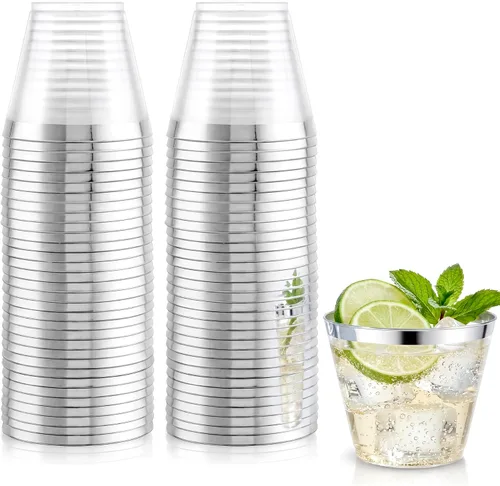 Miniatura 14 de Hioasis 100 vasos de plástico transparente de 9 onzas con ribete dorado, vasos desechables de plástico, resistentes y sin BPA para fiestas, bodas