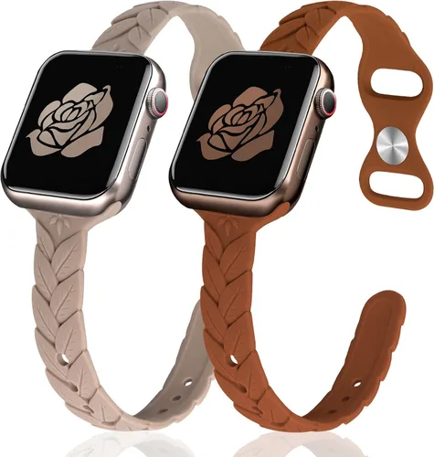 Miniatura 8 de JR.DM - Paquete de 2 bandas de silicona grabadas compatibles con Apple Watch de 38/40/41/42/44/45/46/49 mm, correa delgada y femenina de hoja