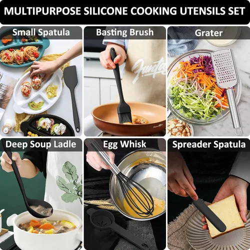 Miniatura 6 de Deedro - Juego de utensilios de cocina de silicona, 16 piezas, resistentes al calor, con soporte, espátula antiadherente, utensilios de cocina