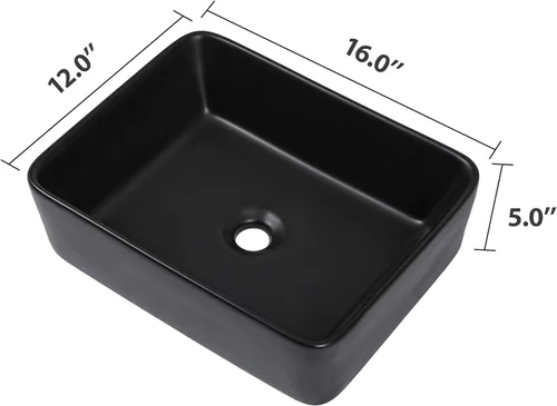 Miniatura 5 de Dcolora Lavabo de Recipiente Negro Rectangular de 40,6 x 30,5 cm Negro Mate Lavabo de Baño Rectangular sobre Encimera Cerámica Porcelana Lavadero