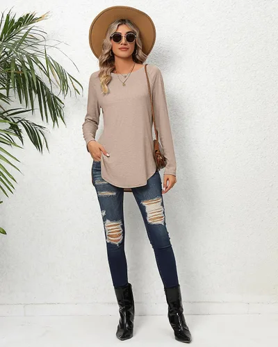 Miniatura 8 de Ficerd 2 Pack Women's Long Sleeve Shirts, Loose Fit Crew Neck Tunic Tops Loose Fit Side Split Basic Pullover Tee Shirts