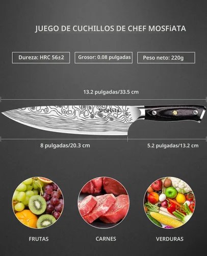Miniatura 4 de MOSFiATA - Cuchillo de chef profesional súper afilado de 8 pulgadas con protector de dedos y sacapuntas, acero inoxidable alemán de alto carbono