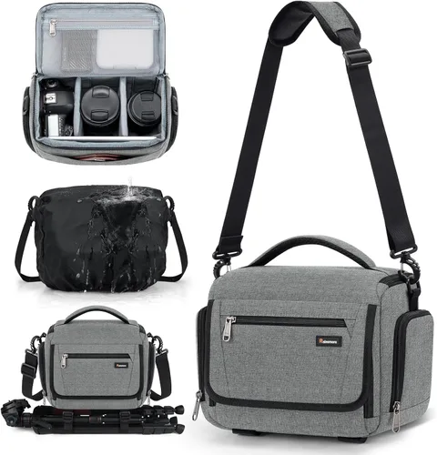 Miniatura 10 de RAINSMORE - Bolsa para cámara, estuche para cámara SLR/DSLR/sin espejo con divisor, soporte para trípode, bolsa cruzada impermeable digital