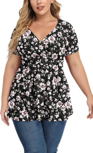 TIANZHU - Blusa elegante de manga corta para mujer, túnica con cuello en V, estilo envolvente, blusa bonita de talla grande