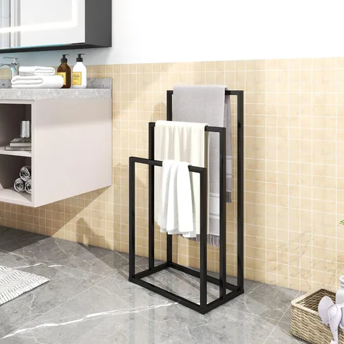 Miniatura 5 de Toalleros de metal, 3 barras para baño, estante de secado independiente, organizador de almacenamiento de 3 niveles, soporte para paños (negro)