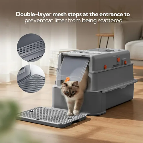 Miniatura 7 de Soulbond Caja de arena de acero inoxidable para gatos con tapa, caja de arena de metal grande cerrada con cajón y puerta abatible para gatos