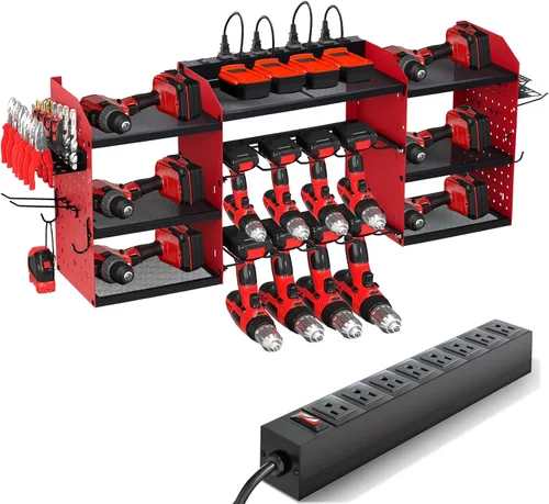 Miniatura 12 de GarveeTech Organizador de herramientas eléctricas, soporte de pared para taladro, estante de garaje resistente de 4 capas con cargas de metal de 400