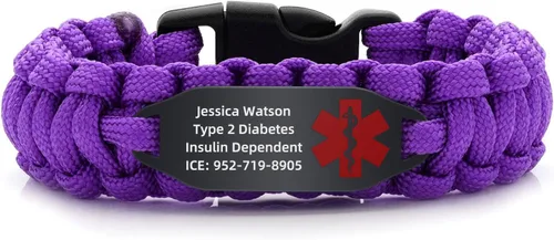 Pulsera de alerta médica Paracord para hombres y mujeres | Pulsera de identificación médica de acero inoxidable con hebillas de liberación lateral