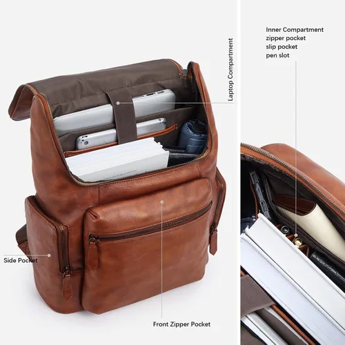 Miniatura 3 de BOSTANTEN Mochila de cuero para hombres 15.6 pulgadas mochila portátil vintage viaje oficina bolsa de hombro gran capacidad marrón rojo