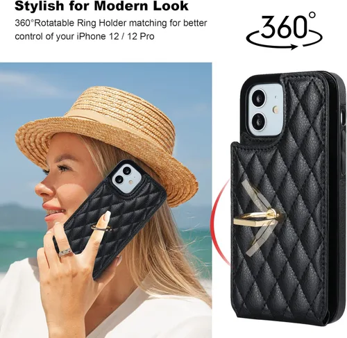 Miniatura 3 de Folosu Funda compatible con iPhone 12 iPhone 12 Pro con soporte para tarjetas, rotación de 360°, soporte de anillo de dedo con función atril, Negro