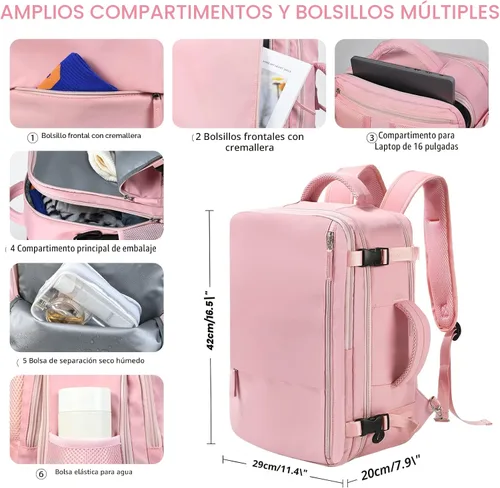Miniatura 6 de Mochila de viaje Beraliy aprobada por aerolíneas, equipaje de mano para hombres y mujeres, Rosa, Grande, Mochilas de viaje